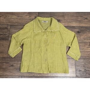 FLAX Womens Green 100% Linen Button Down Shirt 3/4 Sleeve Size S Lagenlook